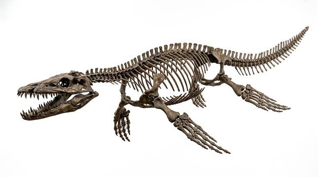 Complete Fossilized Skeleton of a Prehistoric Marine Reptile Displayed Against a Plain White Background