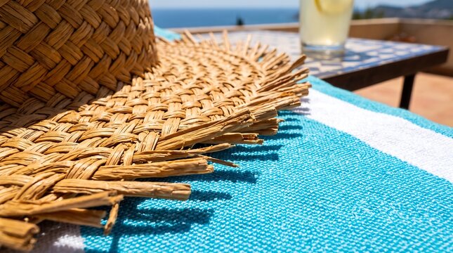 Summer holiday straw hat and blue towel on sunny terrace with strawhat vacation lifestyle