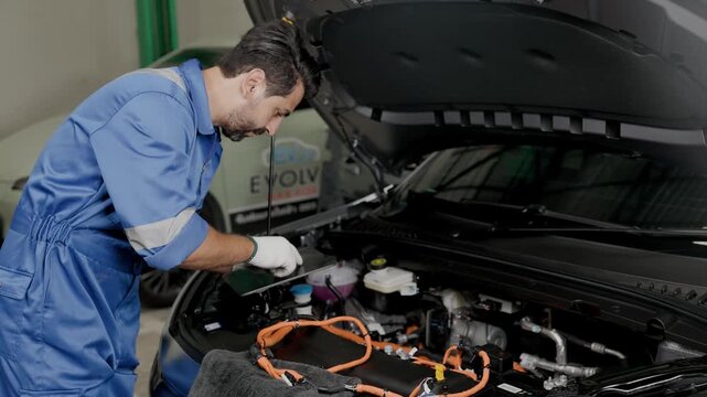 Professional EV Car auto mechanic service maintenance EV high volt cable fix replacing cabling new electric line in front of car