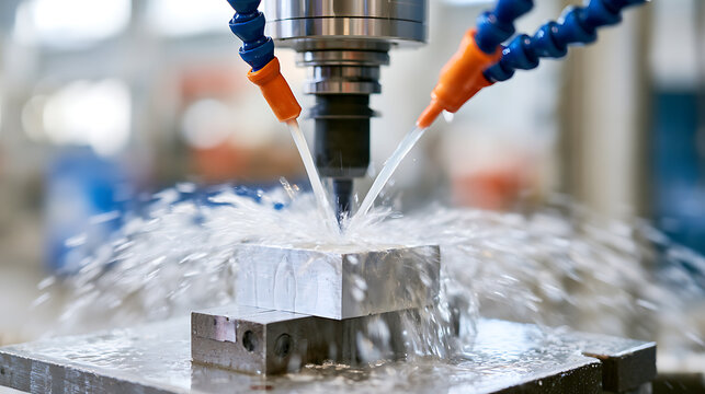 Precision Machining: Close-Up of CNC Mill Cutting Metal Block with Cooling Fluid in a Manufacturing Facility for Industrial Assembly
