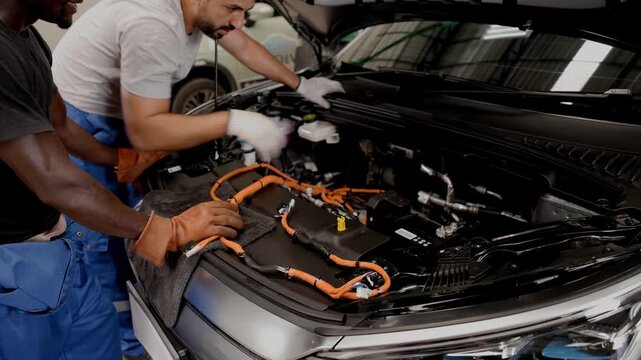 Worker in EV garage help friend service maintenance High Volt Power line in Electric Car in EV workshop auto service.