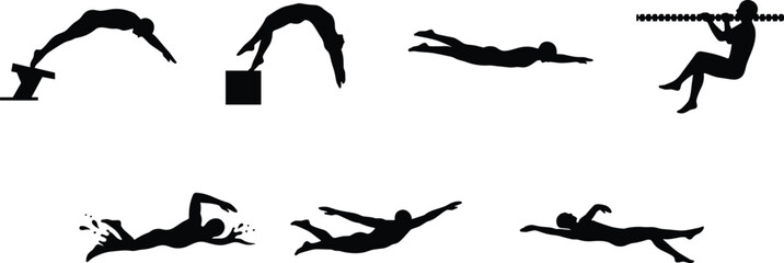Fototapeta premium Black Swimming Silhouettes Collection Featuring Diving, Freestyle, Butterfly, Backstroke and Fitness Poses
