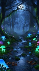 Obraz premium A serene moonlit forest scene with glowing mushrooms