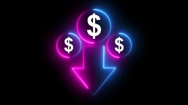 Neon line dollar sign and downward arrow on black background indicating financial decline or decrease. 4k video Dollar currency price drop concept 