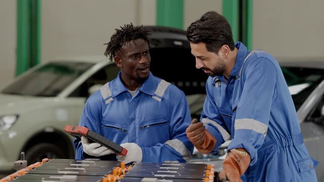 EV Auto service teamwork, EV car mechanic workers work test load balance high volt battery in garage workshop