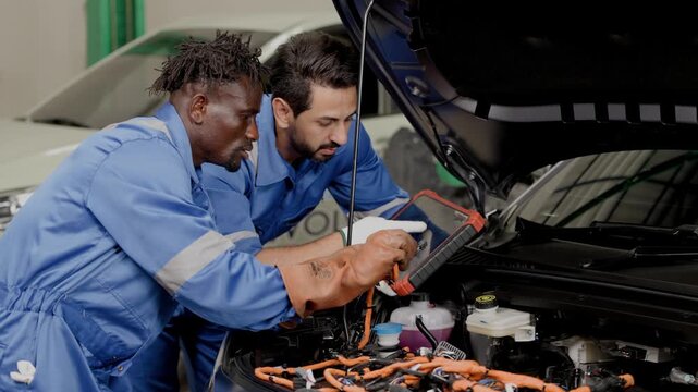 EV Car engineer team working service maintenance Electric cable in front of EV car hood checking replacing or installation
