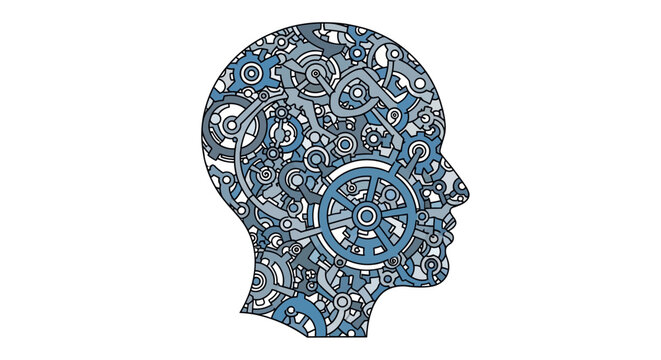Mechanical head profile with gears and cogs illustration