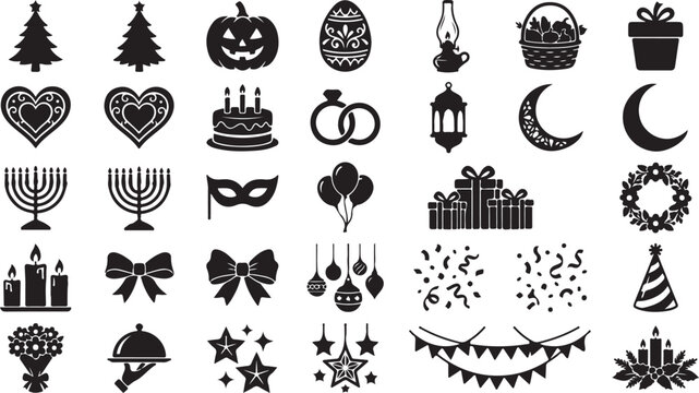 Set of black holiday and celebration icons featuring seasonal symbols and festive event design elements vector illustration