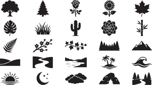 Set of black nature and landscape icons featuring trees flowers plants mountains and weather elements vector illustration