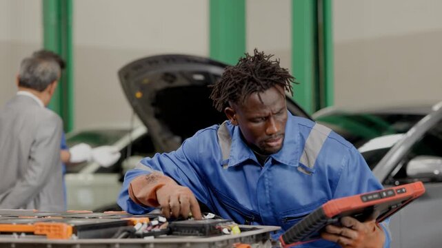 EV car battery voltage load test balance , Male worker checking in Electric vehicle garage workshop auto service.