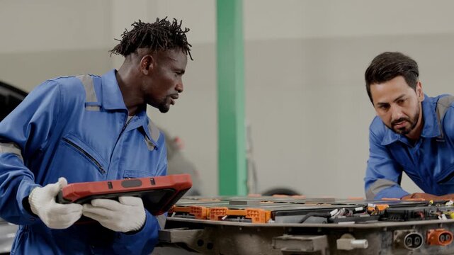 EV Auto service teamwork, EV car mechanic workers work test load balance high volt battery in garage workshop