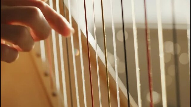 Close up of a musician playing the harp strings in a warm light.