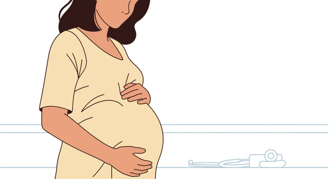 Pregnant Woman Holding Belly with Stethoscope Illustration