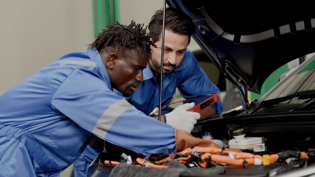 EV Car engineer team working service maintenance Electric cable in front of EV car hood checking replacing or installation