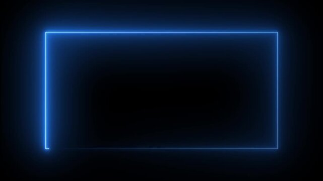 Neon glowing rectangular frame. Abstract glowing Neon light frame rectangle loading icon. Square rectangle picture frame animated moving neon light screen box projection rendering.