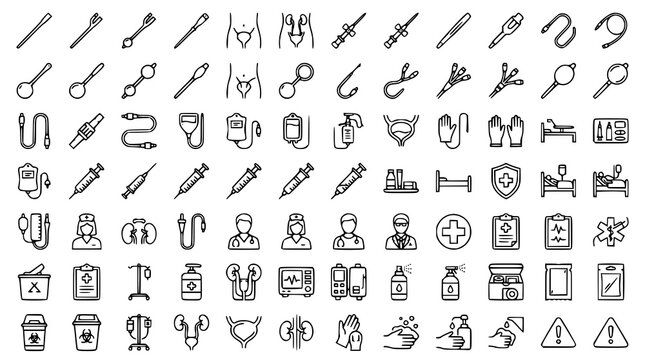 Medical Catheter Thin Line Icon Set with Clinical Devices and Healthcare Equipment Vector Illustration
