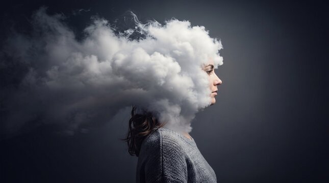 A woman's head dissolving into a cloud of smoke, symbolizing complex thoughts or mental fog.