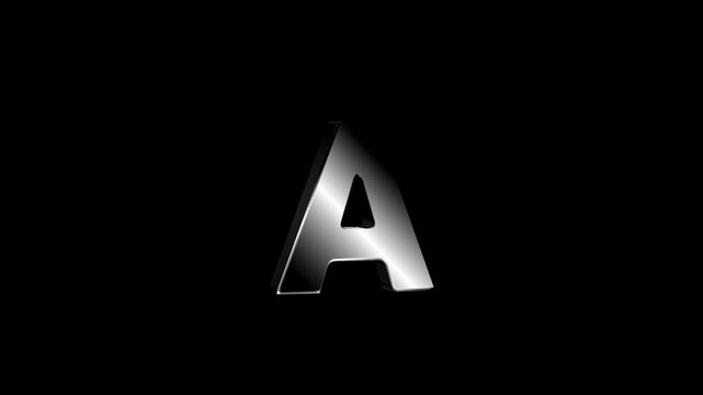 Single 3d silver metallic chrome letter A rotating on dark black background with reflection for alphabet typography intro concept video