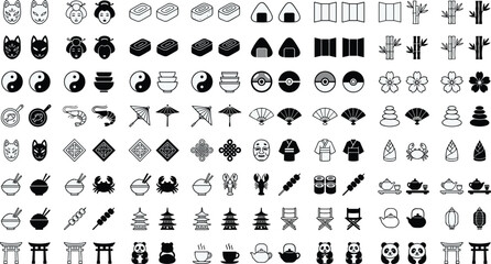 Japanese culture icon set in outline and solid style featuring sushi panda torii gate pagoda and traditional elements © Shirin