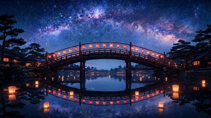 Fototapeta premium Traditional wooden arched bridge decorated with glowing red paper lanterns under a brilliant starry night sky
