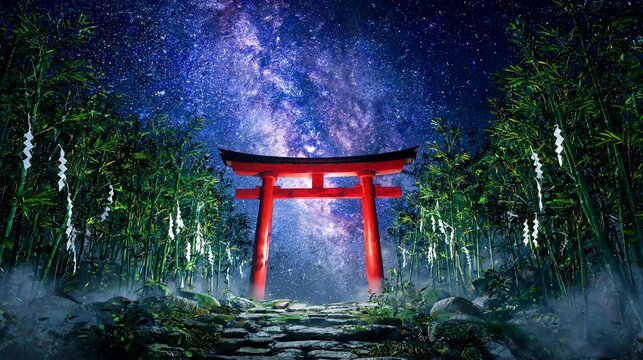 Red wooden torii gate standing amidst a glowing bamboo forest under a vibrant starry night sky