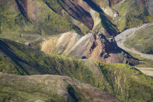 Landmannalaugar moss and mineral ridges from above, Iceland