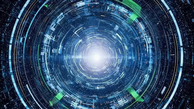 Blue circular digital energy tunnel with data stream. Futuristic cyberspace wormhole portal and light projection. Abstract tech background for sci-fi animation.