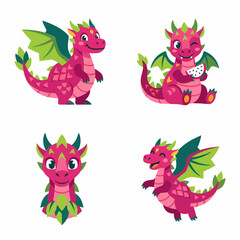 Fototapeta premium Cute Pink Dragon Characters Set - Fantasy Creatures Collection