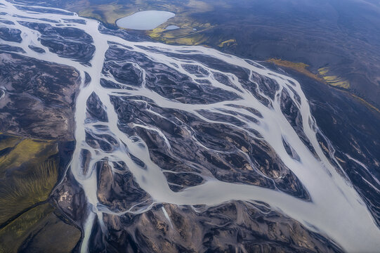 Abstract glacial river network from above, Iceland Highlands