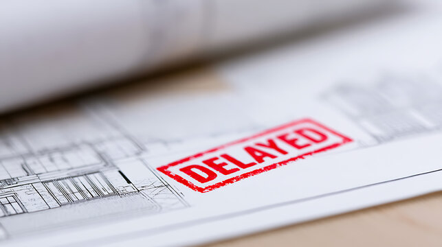 Red "Delayed" stamp on paperwork representing project setbacks, schedule disruption, and unexpected hold-ups in business or construction