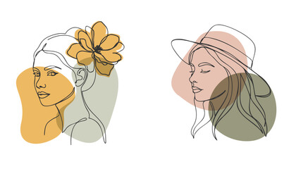 Minimalist Women Line Art Portraits - Continuous Line Drawings with Abstract Shapes and Flower in Earth Tones © дима селиванов