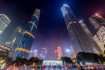 Guangzhou Huacheng Plaza Night Skyline with Illuminated Skyscrapers © DangThi
