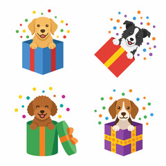 Fototapeta premium Cute Puppies Surprise Gift Boxes Birthday Celebration