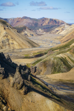 Lava spires framing Landmannalaugar valley and river, Iceland