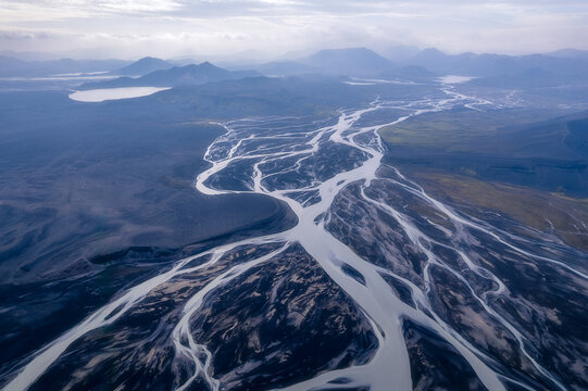 Vast glacial river system and highland basin, Iceland aerial