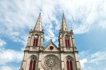 Fototapeta premium Guangzhou Cathedral Twin Spires - Sacred Gothic Architecture Close-Up