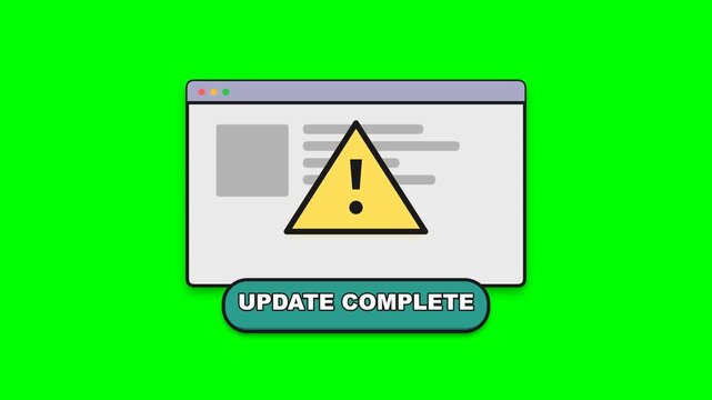 Update complete notification window with warning icon on computer screen