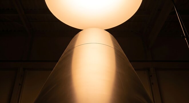 A close-up view of a unique lamp with a cone-shaped shade and round light