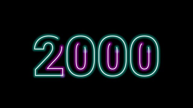 Glowing neon sign number 2000 year typography display text graphic on black background loop for retro video intro title animation