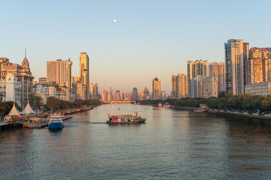 Guangzhou Skyline with Cruise Boat on Pearl River at Sunset