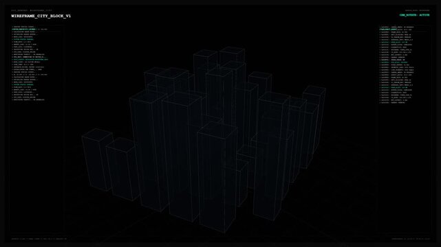 Futuristic HUD digital wireframe of a virtual city block on a black background