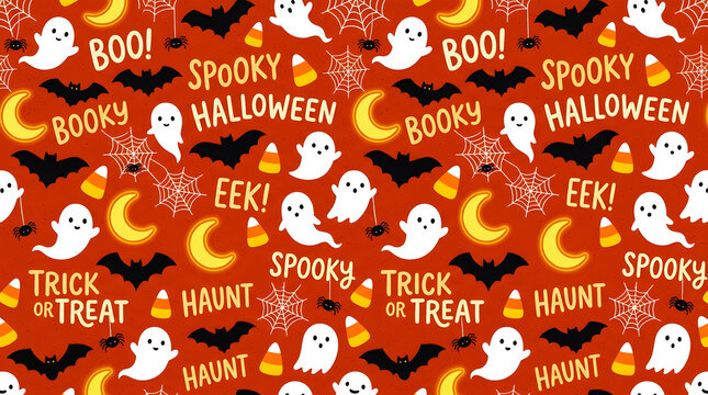 Halloween repeating pattern with bats, pumpkins, ghosts, and skeleton