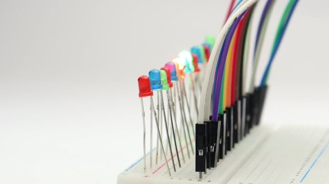 LED of various colors are glowing in order on a breadboard connected with jumper cables. Prototyping and testing basic electronic circuits