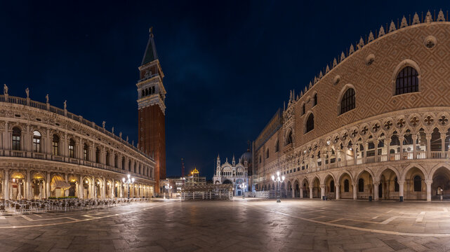 Night View of Piazza San Marco with Doges Palace and St Mark's Campanile in Venice, Italy