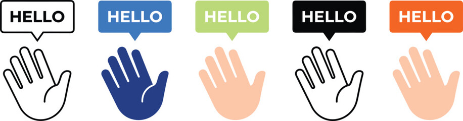 Set of colorful hand waving icons with hello speech bubbles © Maunsura