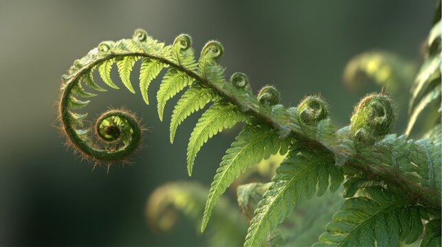 Tender fern frond unfurls in a spiral, backlit with warmth, creating a natural, organic composition