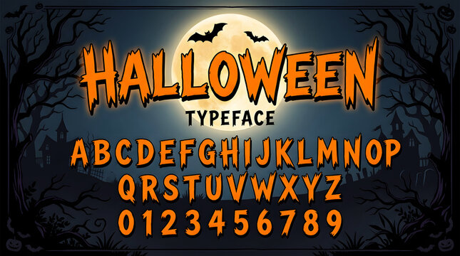 Halloween typeface with glowing pumpkin and dark spooky background, orange