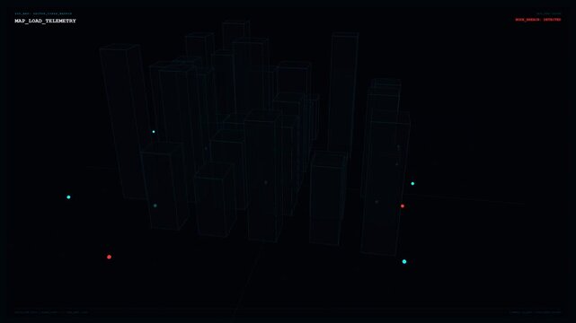 Futuristic digital HUD interface showing 3D wireframe hologram of city skyline
