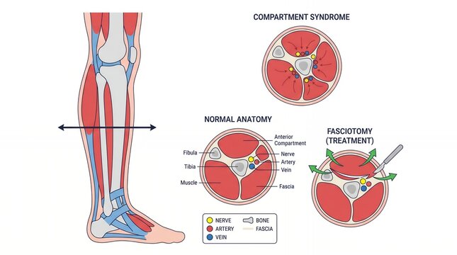 Medical Illustration of Compartment Syndrome and Fasciotomy Treatment