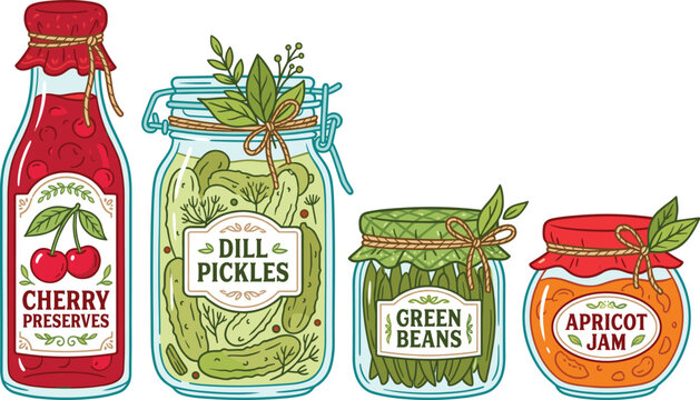 Vintage Homemade Preserves and Pickled Food Jar Collection Featuring Cherry Jam Dill Pickles Green Beans and Apricot Preserves